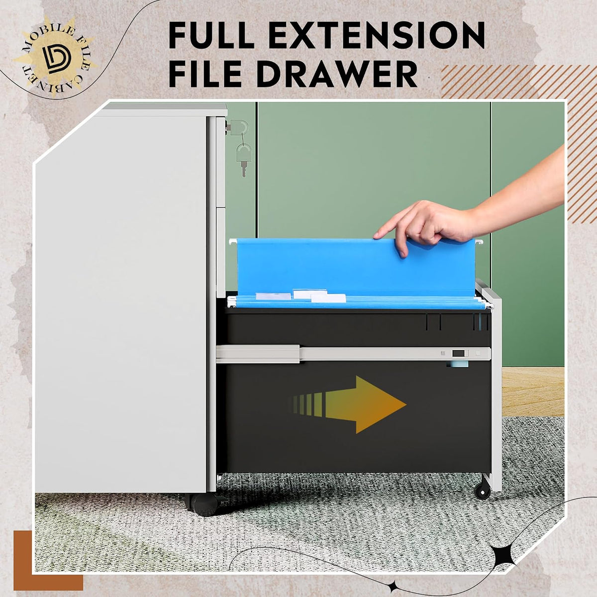 3 Drawer File Cabinet with Lock, Fully Assembled Except Casters