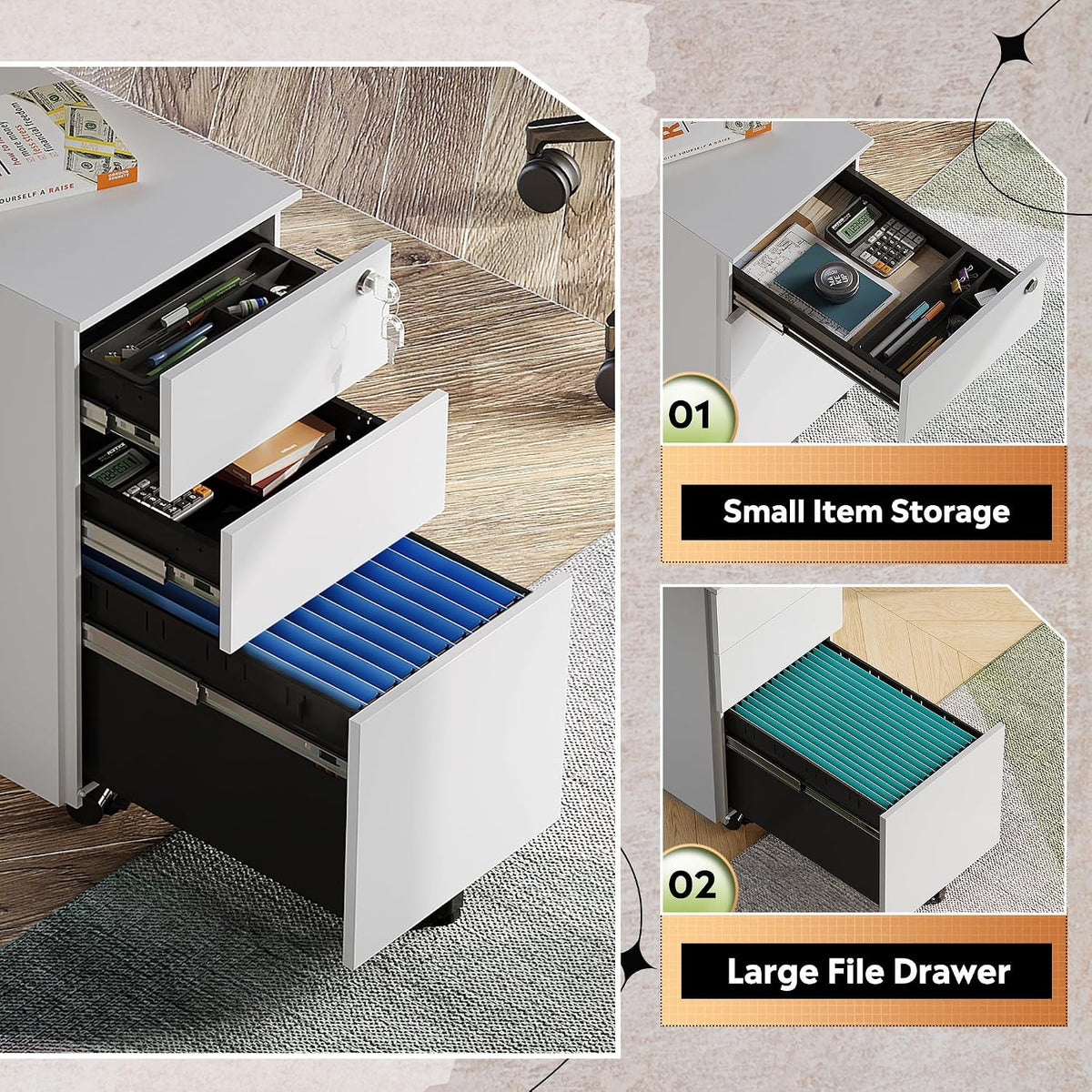 3 Drawer File Cabinet with Lock, Fully Assembled Except Casters