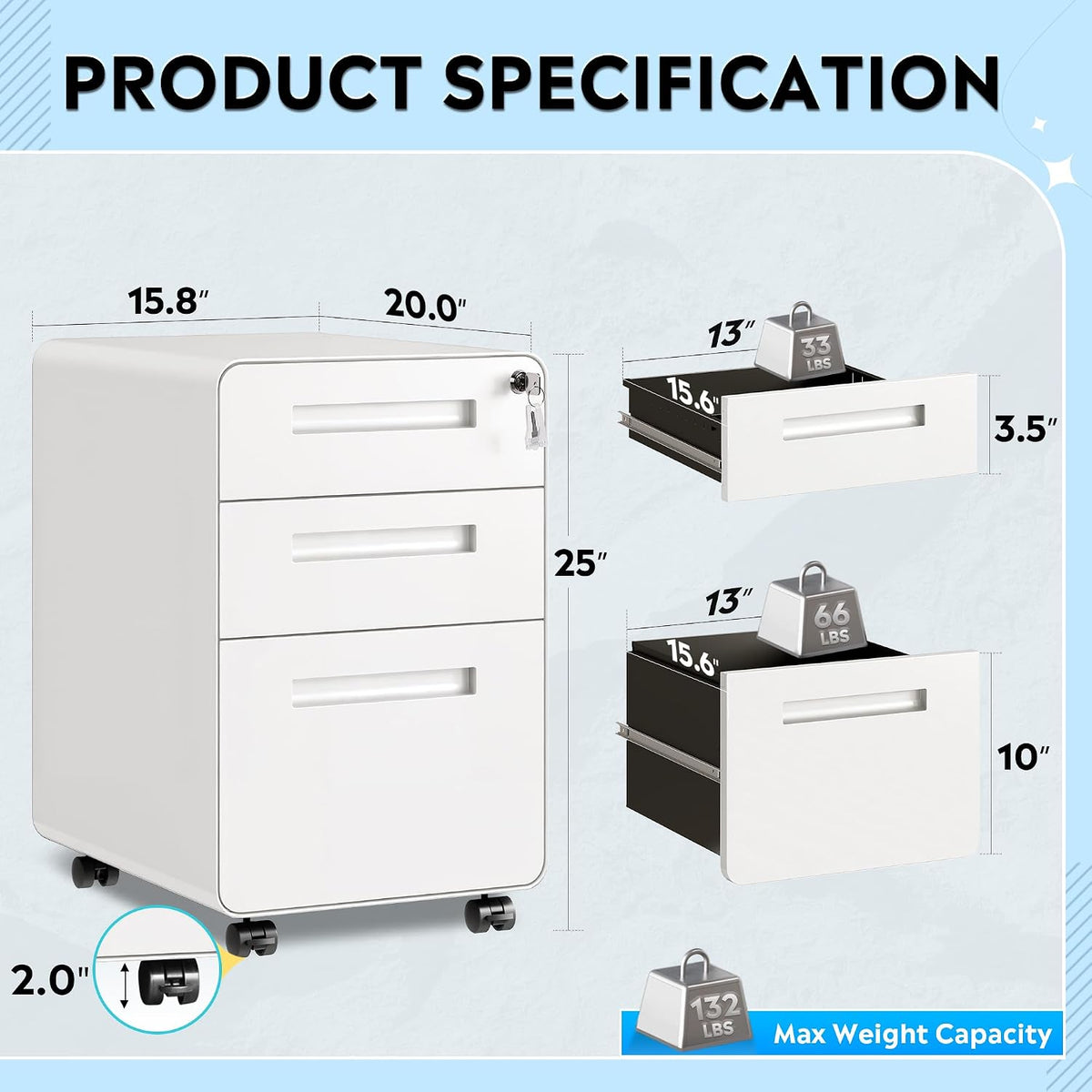 3 Drawer File Cabinet with Lock, Fully Assembled Except Casters