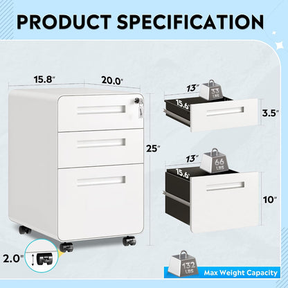 3 Drawer File Cabinet with Lock, Fully Assembled Except Casters