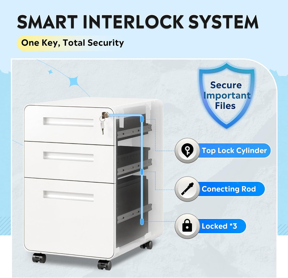 3 Drawer File Cabinet with Lock, Fully Assembled Except Casters