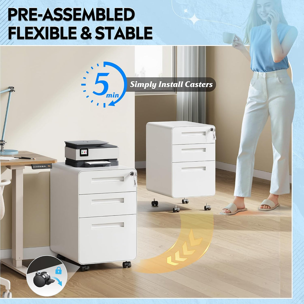 3 Drawer File Cabinet with Lock, Fully Assembled Except Casters