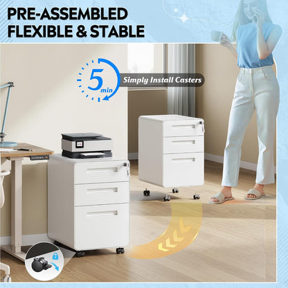 3 Drawer File Cabinet with Lock, Fully Assembled Except Casters