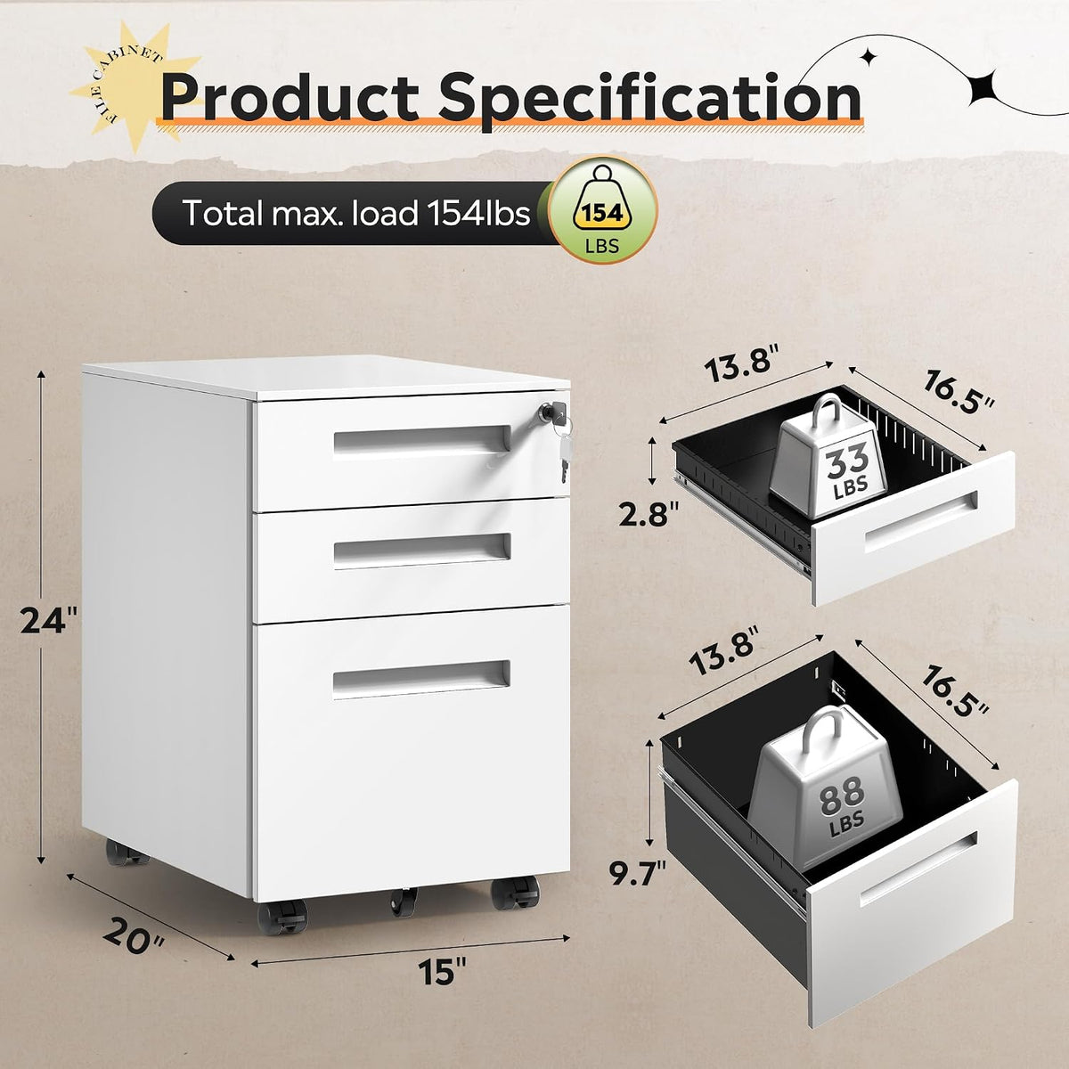 3 Drawer File Cabinet with Lock, Fully Assembled Except Casters