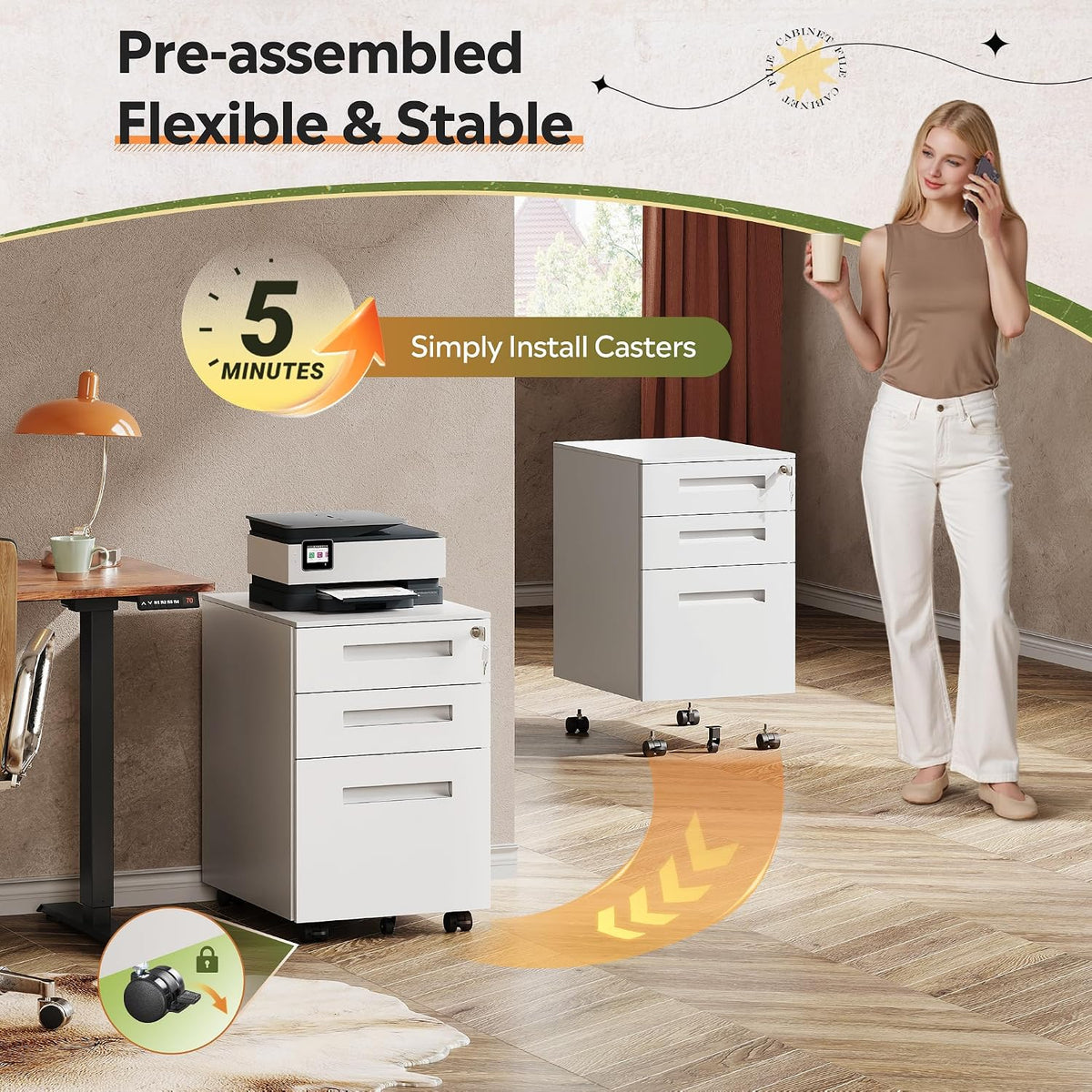 3 Drawer File Cabinet with Lock, Fully Assembled Except Casters