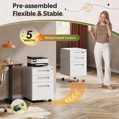 3 Drawer File Cabinet with Lock, Fully Assembled Except Casters