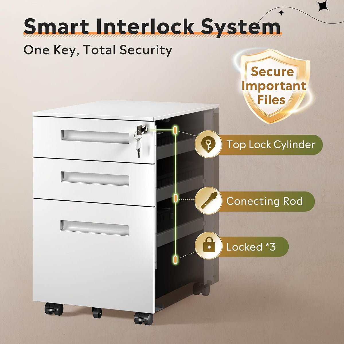 3 Drawer File Cabinet with Lock, Fully Assembled Except Casters