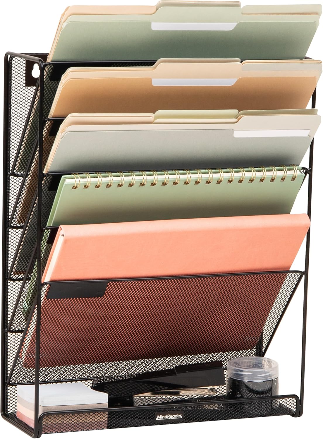 5-Pocket Vertical File Storage, Desktop Organizer, Wall Mount, Office, Metal Mesh, Black