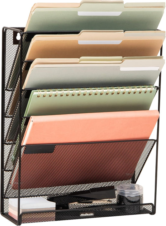 5-Pocket Vertical File Storage, Desktop Organizer, Wall Mount, Office, Metal Mesh, Black