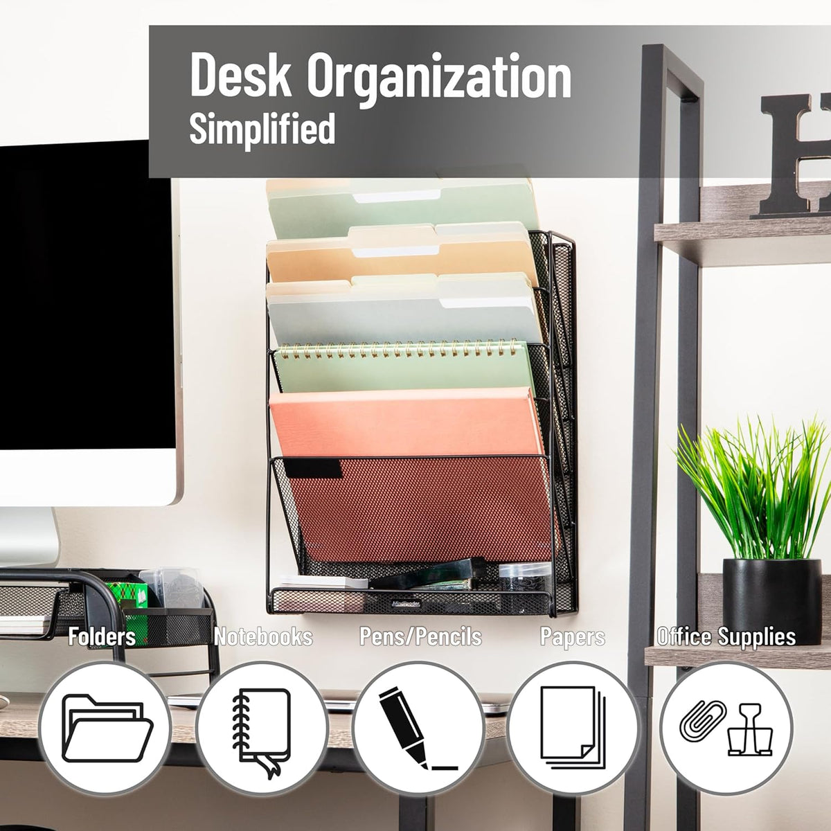 5-Pocket Vertical File Storage, Desktop Organizer, Wall Mount, Office, Metal Mesh, Black