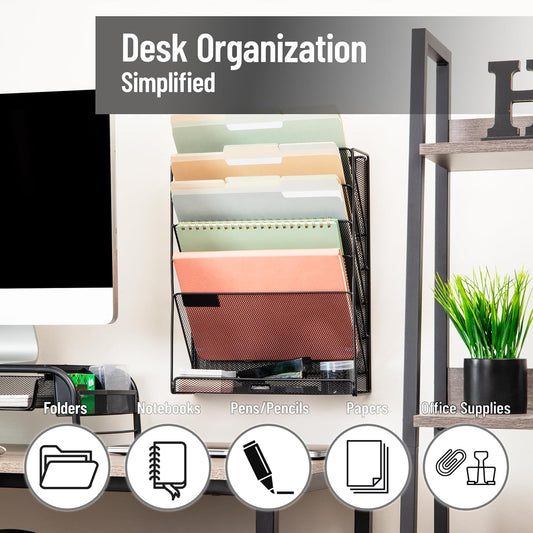 5-Pocket Vertical File Storage, Desktop Organizer, Wall Mount, Office, Metal Mesh, Black