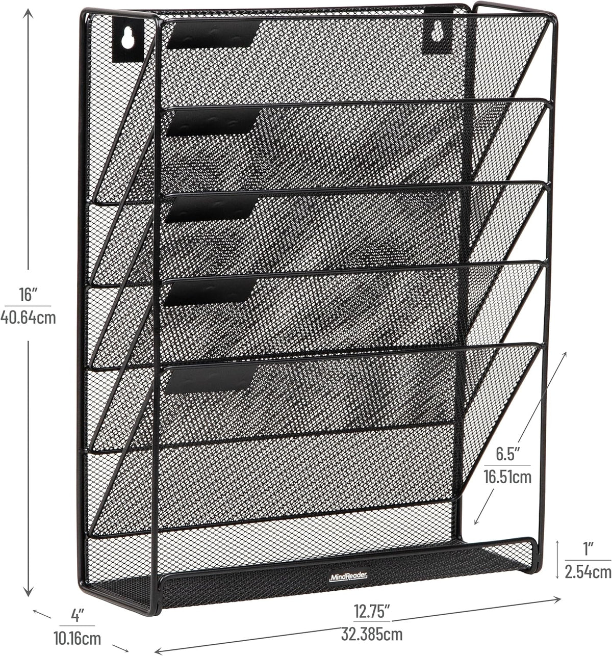 5-Pocket Vertical File Storage, Desktop Organizer, Wall Mount, Office, Metal Mesh, Black