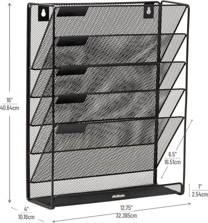 5-Pocket Vertical File Storage, Desktop Organizer, Wall Mount, Office, Metal Mesh, Black