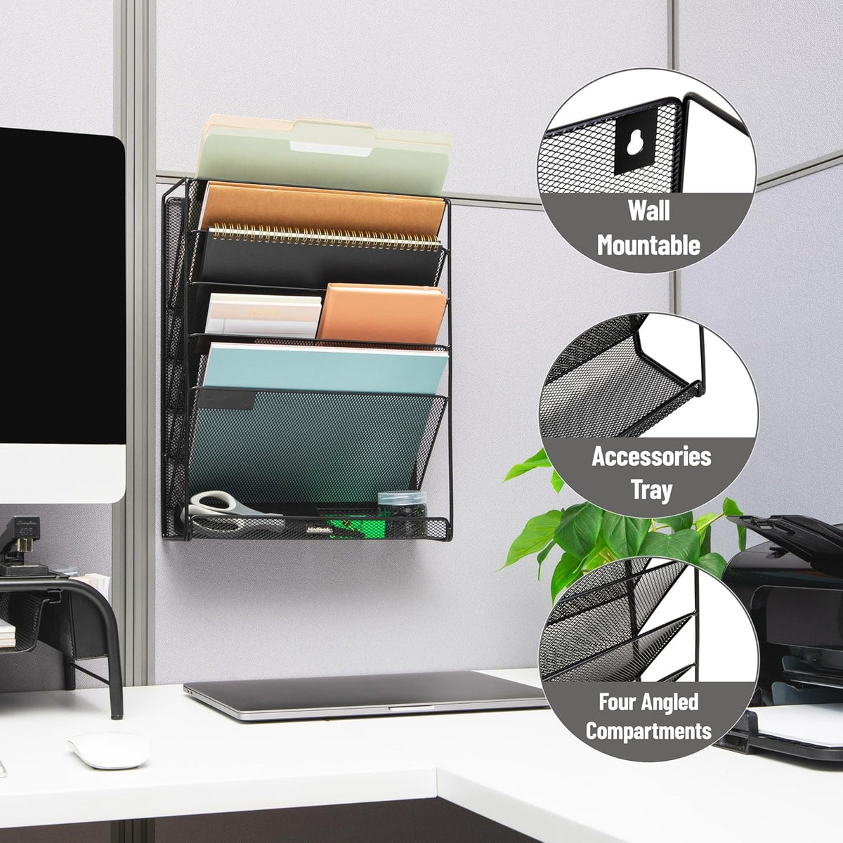 5-Pocket Vertical File Storage, Desktop Organizer, Wall Mount, Office, Metal Mesh, Black