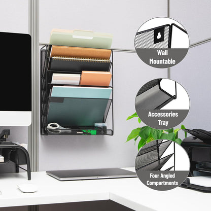 5-Pocket Vertical File Storage, Desktop Organizer, Wall Mount, Office, Metal Mesh, Black