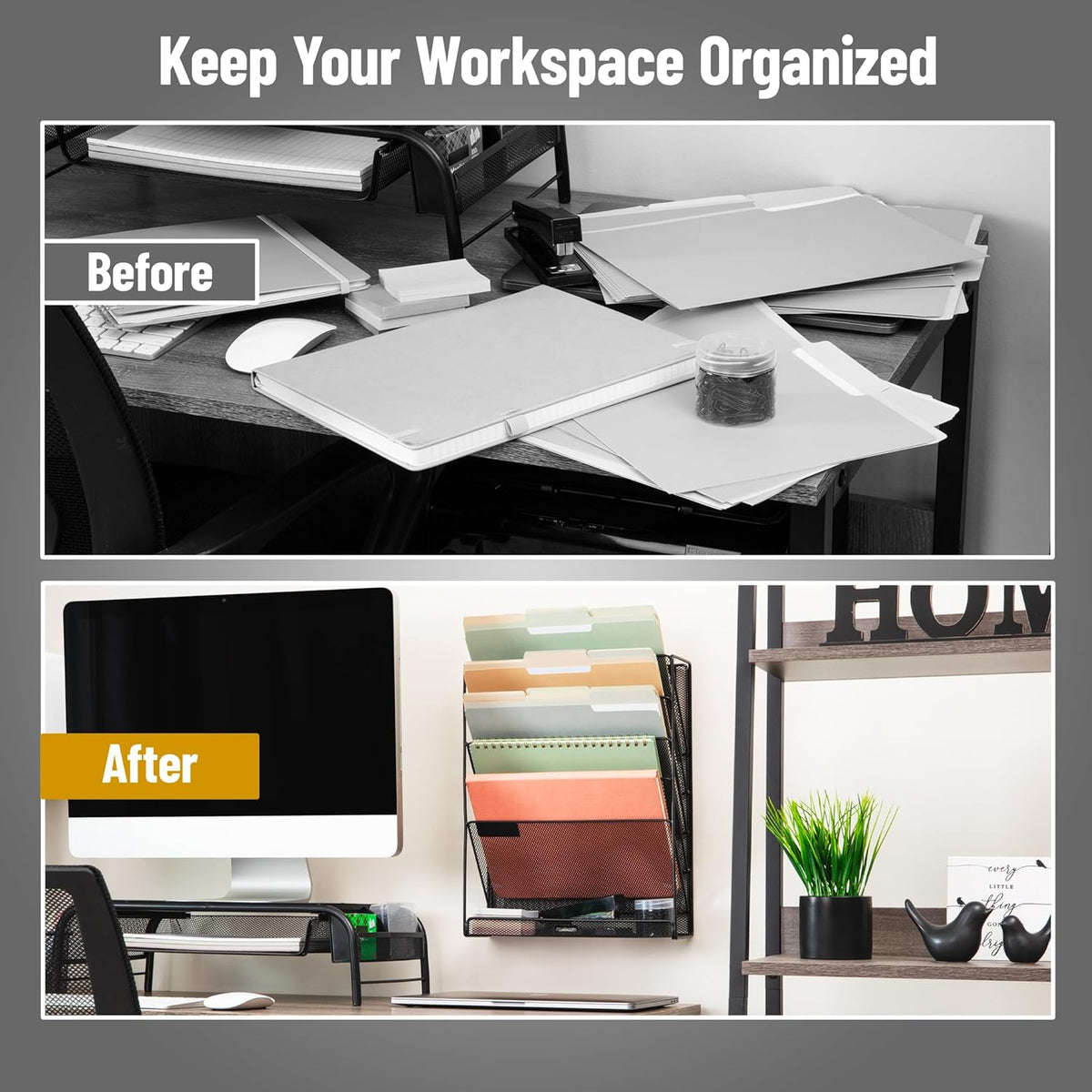 5-Pocket Vertical File Storage, Desktop Organizer, Wall Mount, Office, Metal Mesh, Black