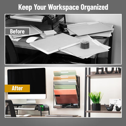 5-Pocket Vertical File Storage, Desktop Organizer, Wall Mount, Office, Metal Mesh, Black