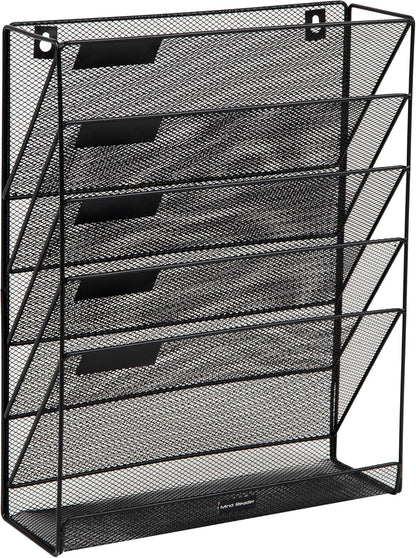 5-Pocket Vertical File Storage, Desktop Organizer, Wall Mount, Office, Metal Mesh, Black