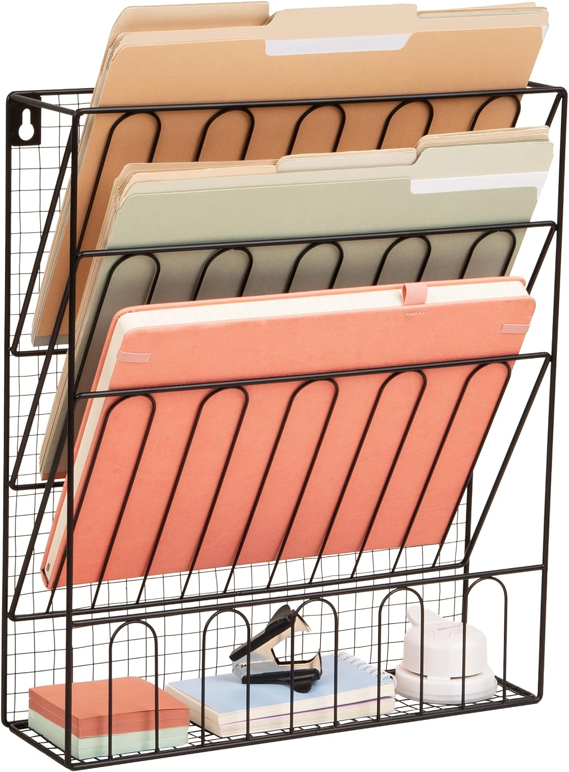 5-Pocket Vertical File Storage, Desktop Organizer, Wall Mount, Office, Metal Mesh, Black