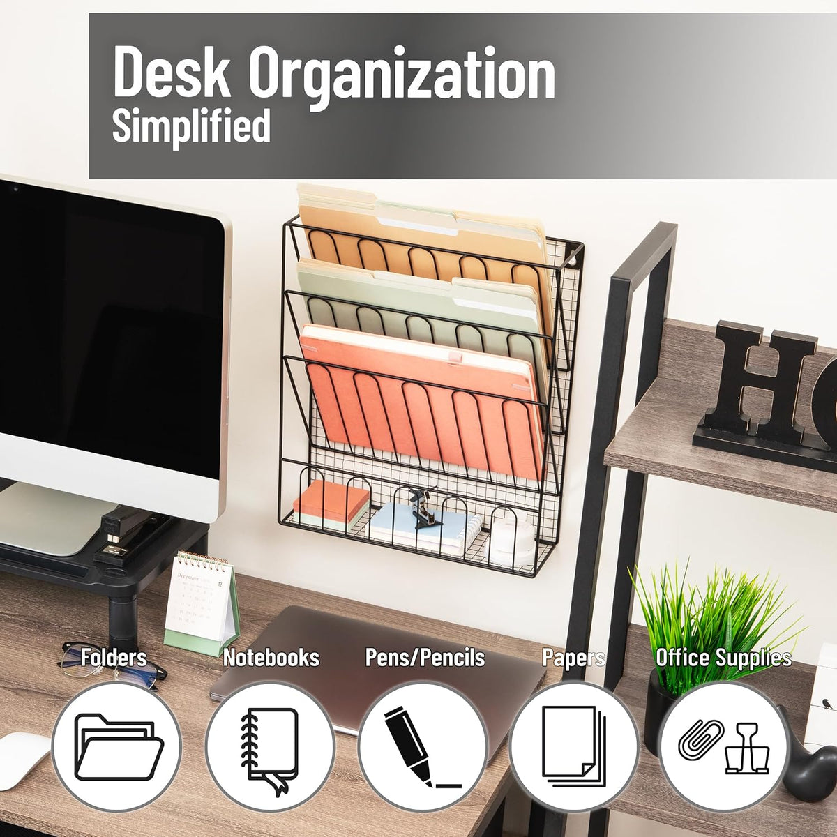 5-Pocket Vertical File Storage, Desktop Organizer, Wall Mount, Office, Metal Mesh, Black