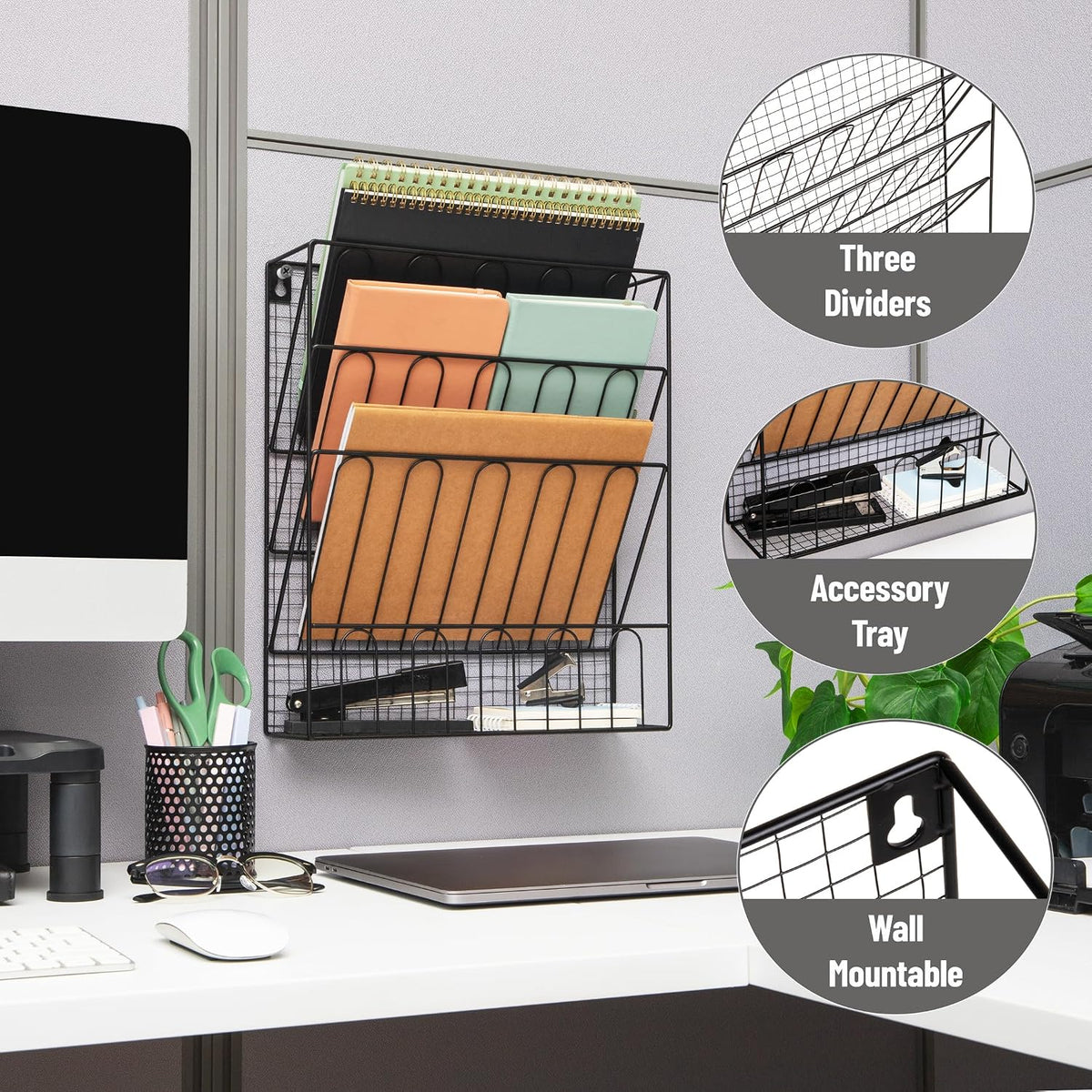 5-Pocket Vertical File Storage, Desktop Organizer, Wall Mount, Office, Metal Mesh, Black