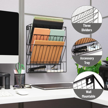 5-Pocket Vertical File Storage, Desktop Organizer, Wall Mount, Office, Metal Mesh, Black