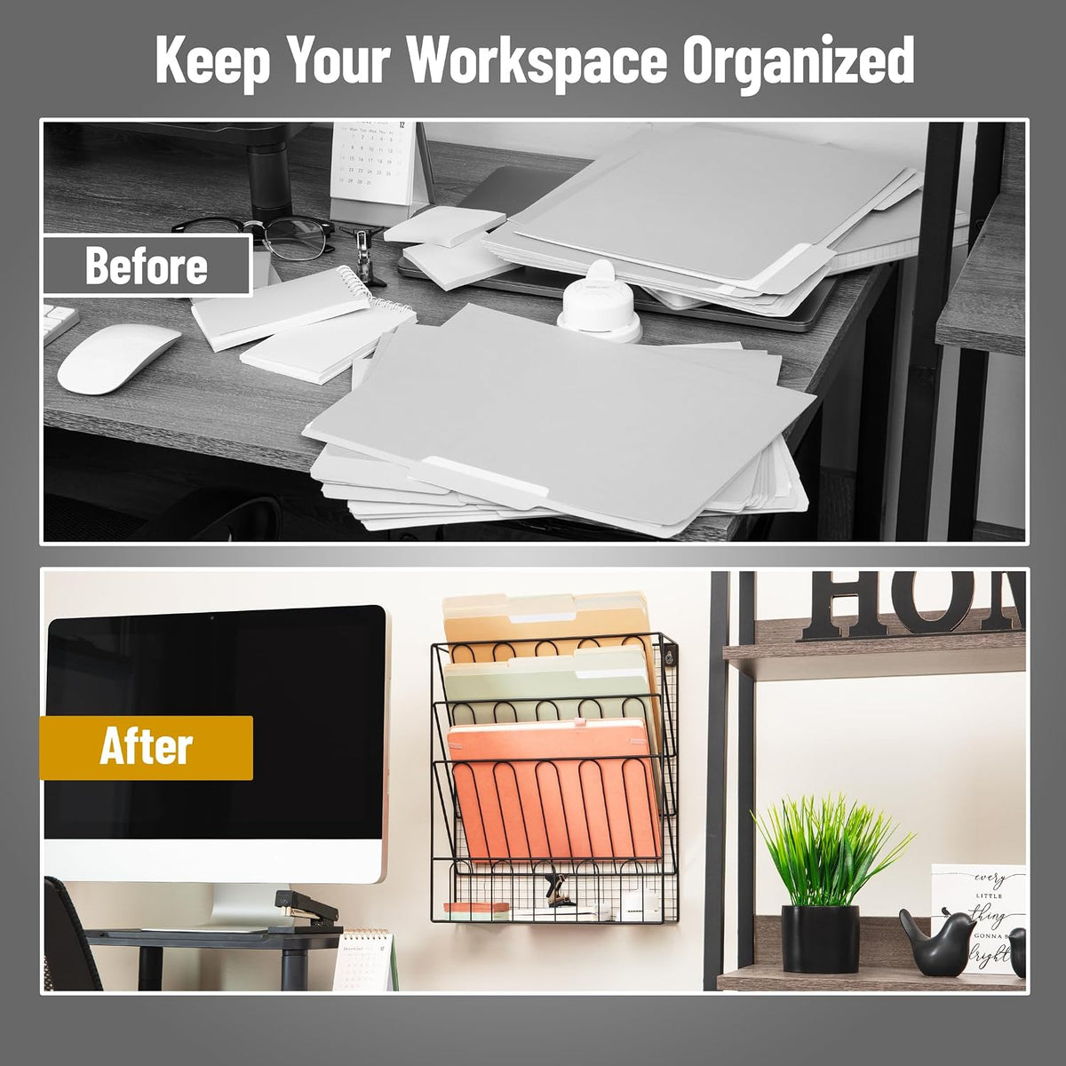 5-Pocket Vertical File Storage, Desktop Organizer, Wall Mount, Office, Metal Mesh, Black