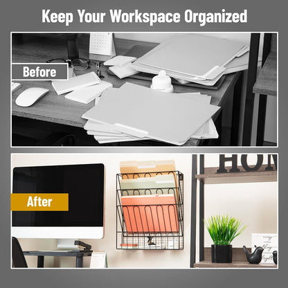 5-Pocket Vertical File Storage, Desktop Organizer, Wall Mount, Office, Metal Mesh, Black