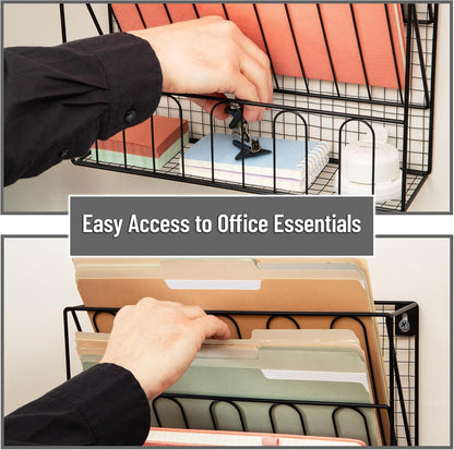 5-Pocket Vertical File Storage, Desktop Organizer, Wall Mount, Office, Metal Mesh, Black