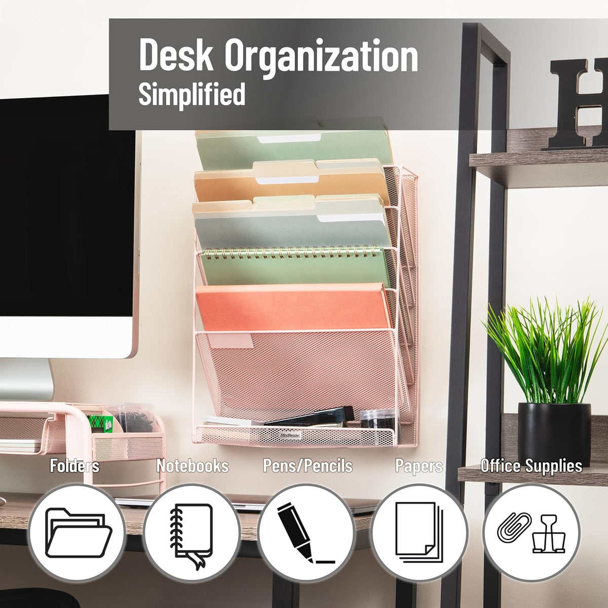 5-Pocket Vertical File Storage, Desktop Organizer, Wall Mount, Office, Metal Mesh, Black