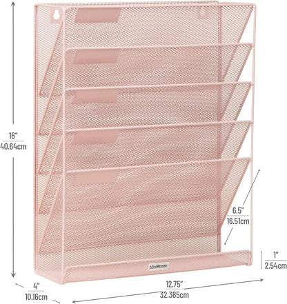 5-Pocket Vertical File Storage, Desktop Organizer, Wall Mount, Office, Metal Mesh, Black