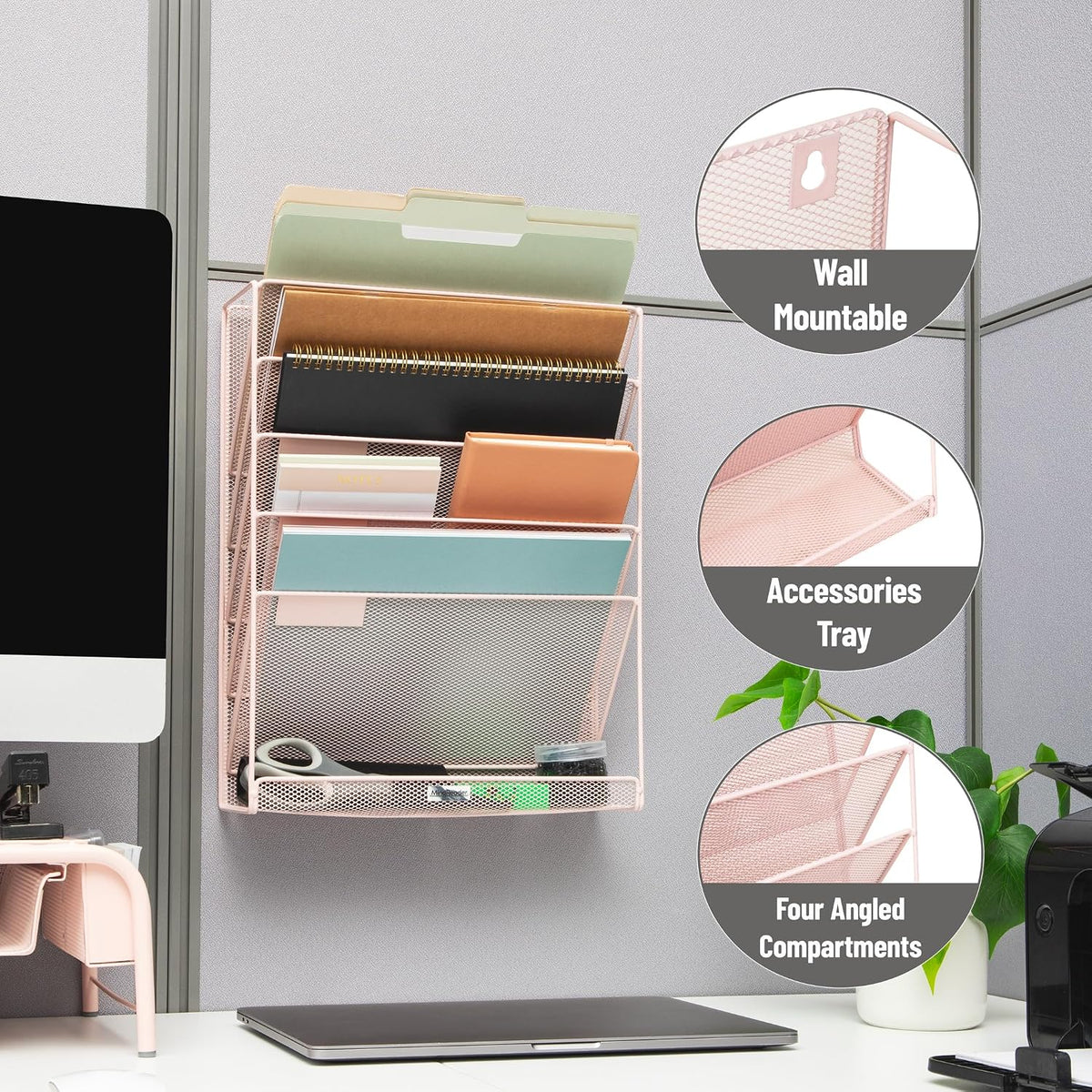 5-Pocket Vertical File Storage, Desktop Organizer, Wall Mount, Office, Metal Mesh, Black