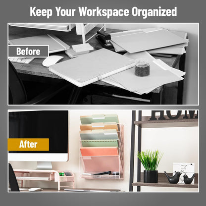 5-Pocket Vertical File Storage, Desktop Organizer, Wall Mount, Office, Metal Mesh, Black