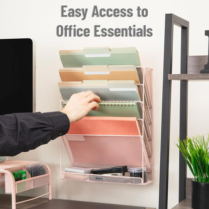 5-Pocket Vertical File Storage, Desktop Organizer, Wall Mount, Office, Metal Mesh, Black