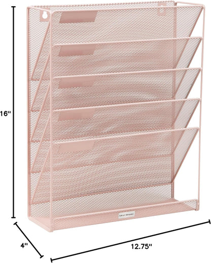 5-Pocket Vertical File Storage, Desktop Organizer, Wall Mount, Office, Metal Mesh, Black