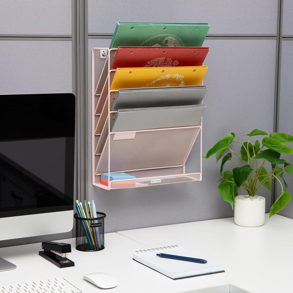 5-Pocket Vertical File Storage, Desktop Organizer, Wall Mount, Office, Metal Mesh, Black