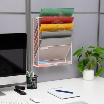 5-Pocket Vertical File Storage, Desktop Organizer, Wall Mount, Office, Metal Mesh, Black