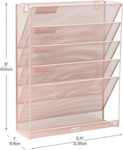 5-Pocket Vertical File Storage, Desktop Organizer, Wall Mount, Office, Metal Mesh, Black