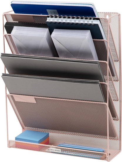 5-Pocket Vertical File Storage, Desktop Organizer, Wall Mount, Office, Metal Mesh, Black