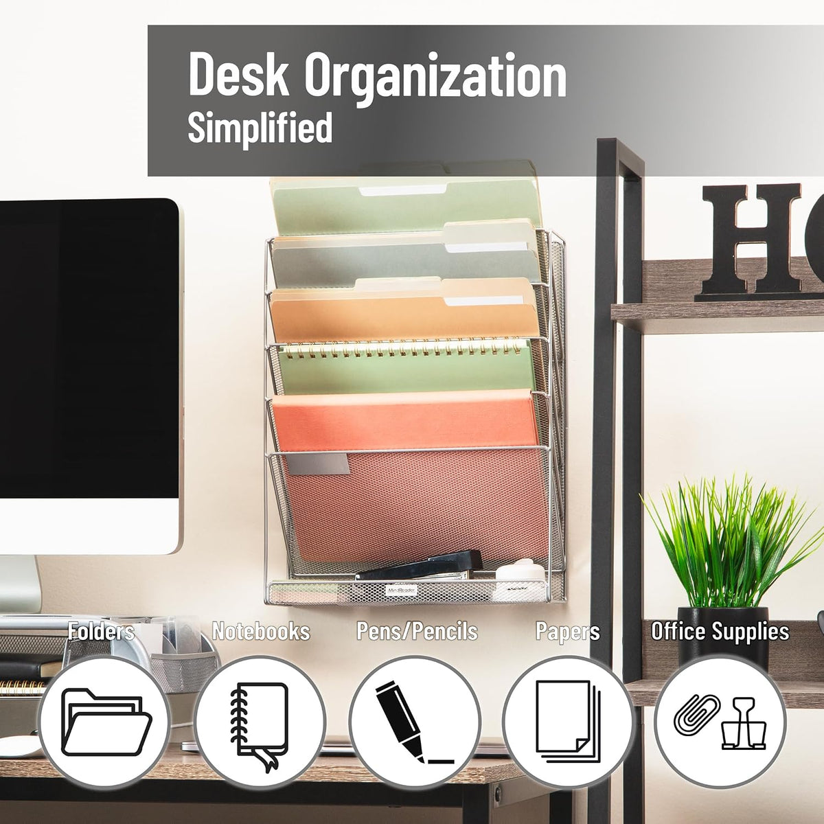 5-Pocket Vertical File Storage, Desktop Organizer, Wall Mount, Office, Metal Mesh, Black