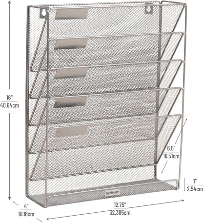 5-Pocket Vertical File Storage, Desktop Organizer, Wall Mount, Office, Metal Mesh, Black