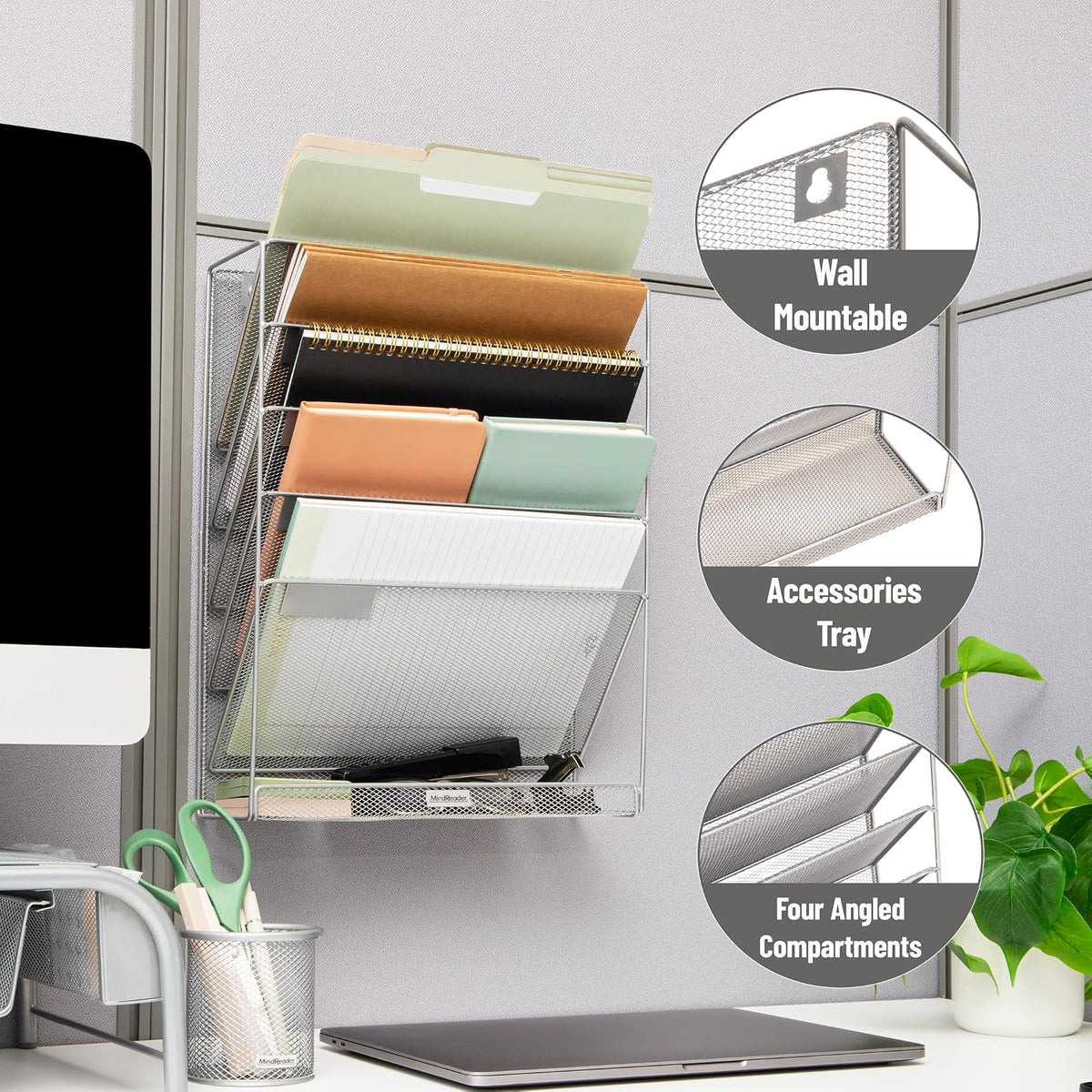 5-Pocket Vertical File Storage, Desktop Organizer, Wall Mount, Office, Metal Mesh, Black