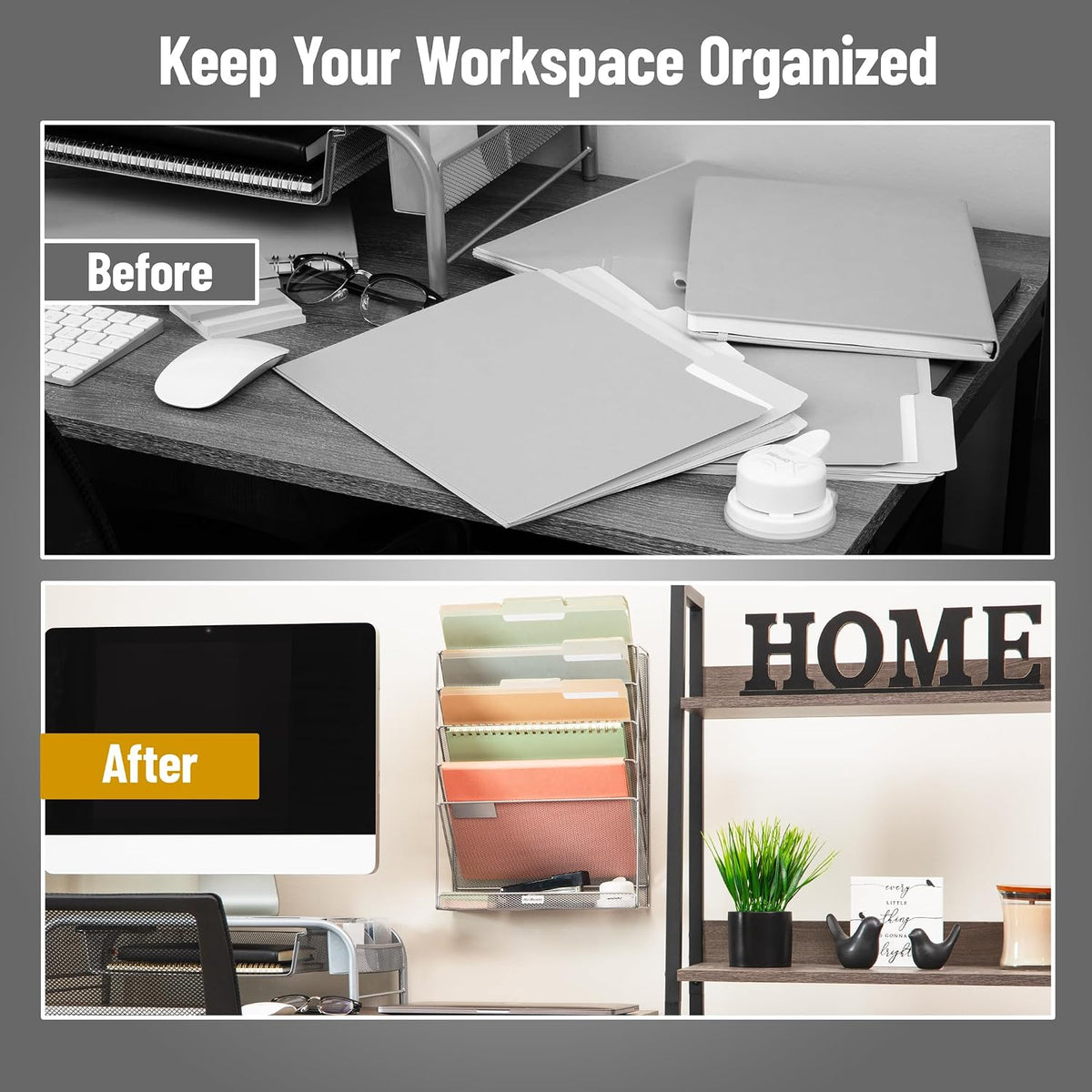 5-Pocket Vertical File Storage, Desktop Organizer, Wall Mount, Office, Metal Mesh, Black