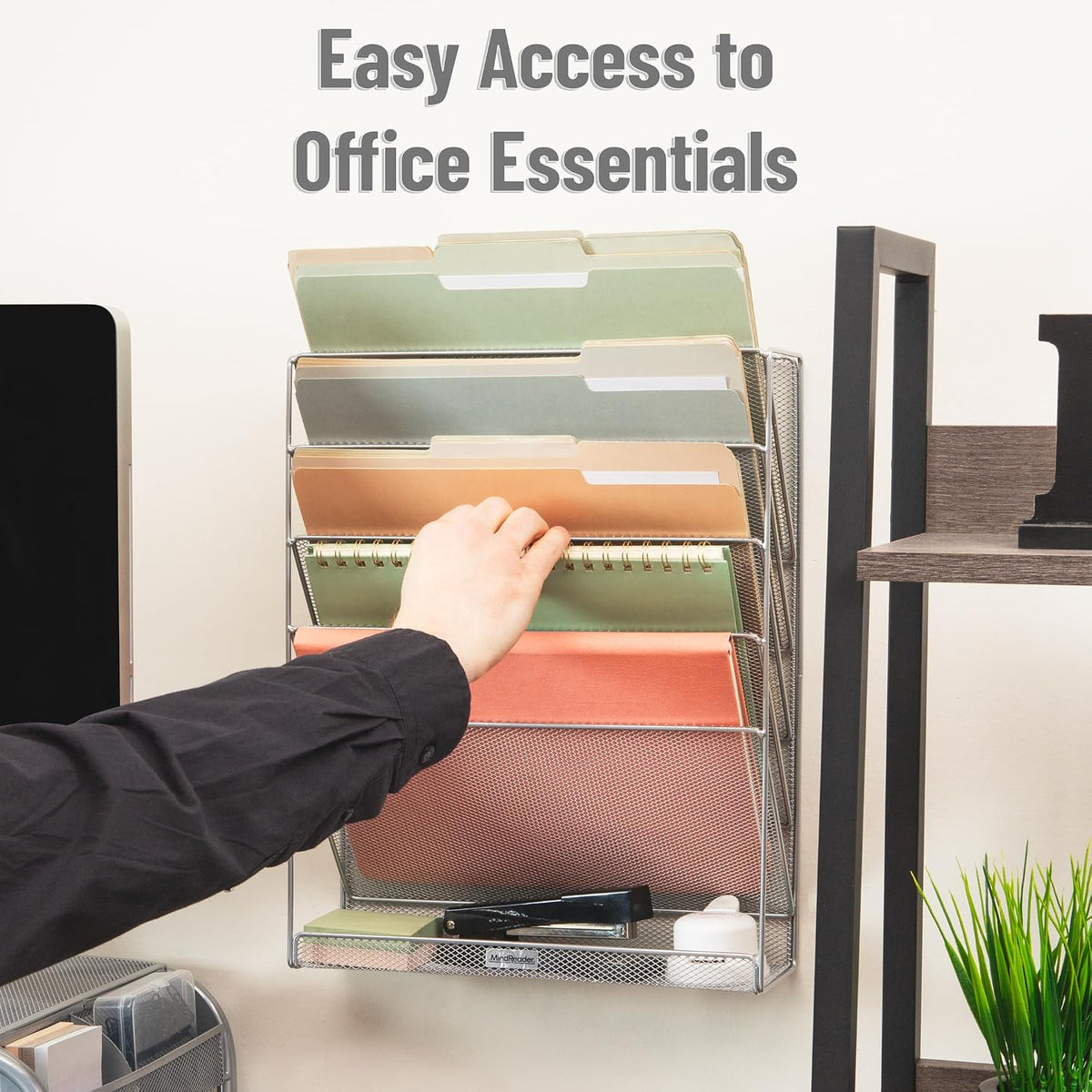 5-Pocket Vertical File Storage, Desktop Organizer, Wall Mount, Office, Metal Mesh, Black
