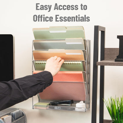 5-Pocket Vertical File Storage, Desktop Organizer, Wall Mount, Office, Metal Mesh, Black
