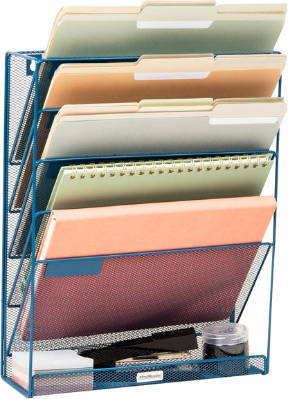 5-Pocket Vertical File Storage, Desktop Organizer, Wall Mount, Office, Metal Mesh, Black