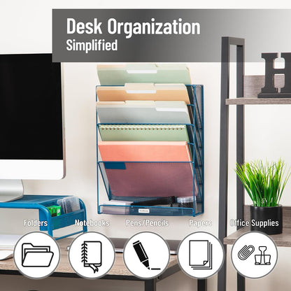 5-Pocket Vertical File Storage, Desktop Organizer, Wall Mount, Office, Metal Mesh, Black
