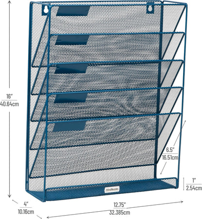 5-Pocket Vertical File Storage, Desktop Organizer, Wall Mount, Office, Metal Mesh, Black