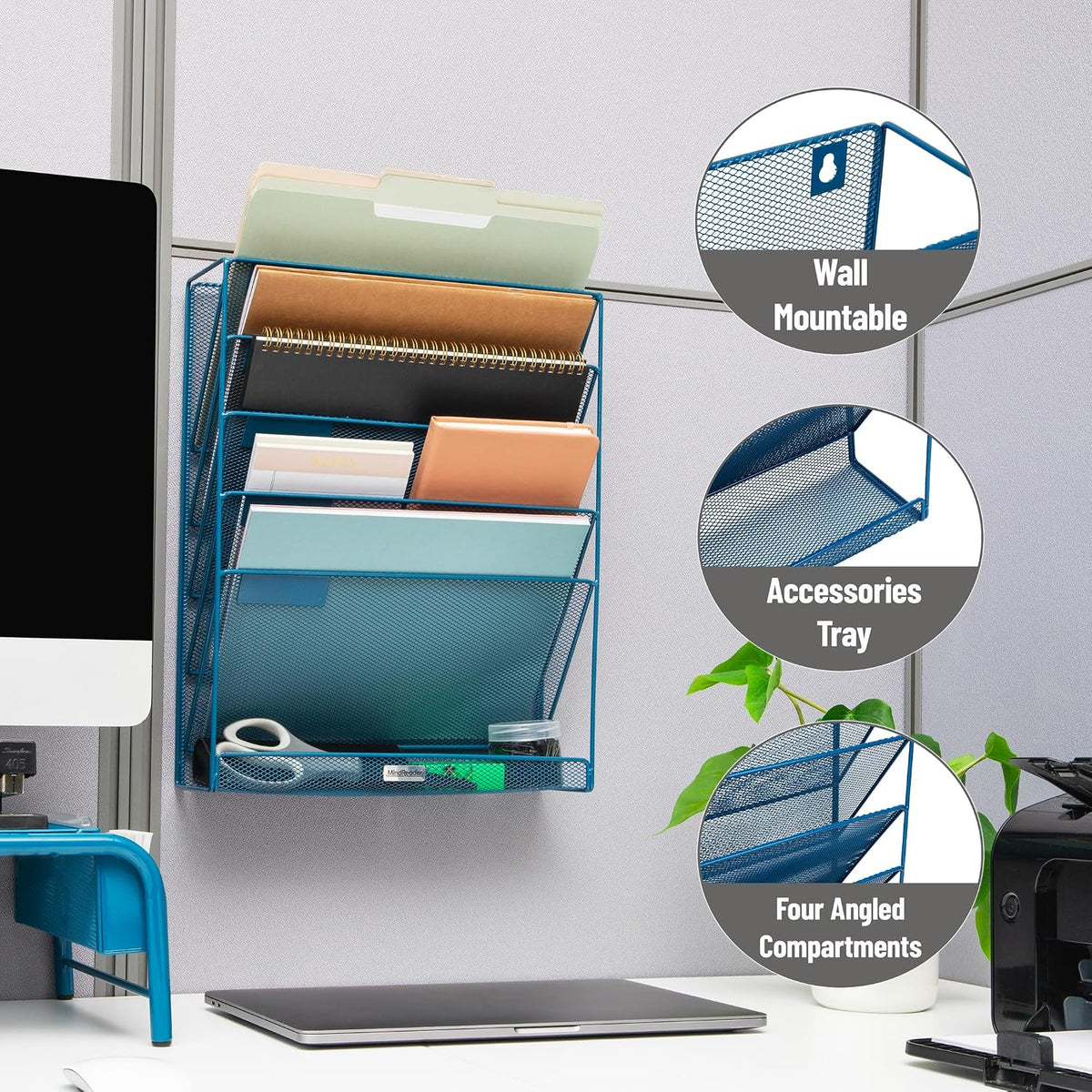 5-Pocket Vertical File Storage, Desktop Organizer, Wall Mount, Office, Metal Mesh, Black
