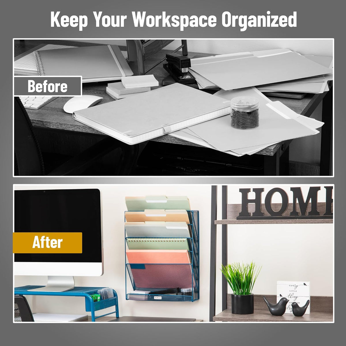 5-Pocket Vertical File Storage, Desktop Organizer, Wall Mount, Office, Metal Mesh, Black